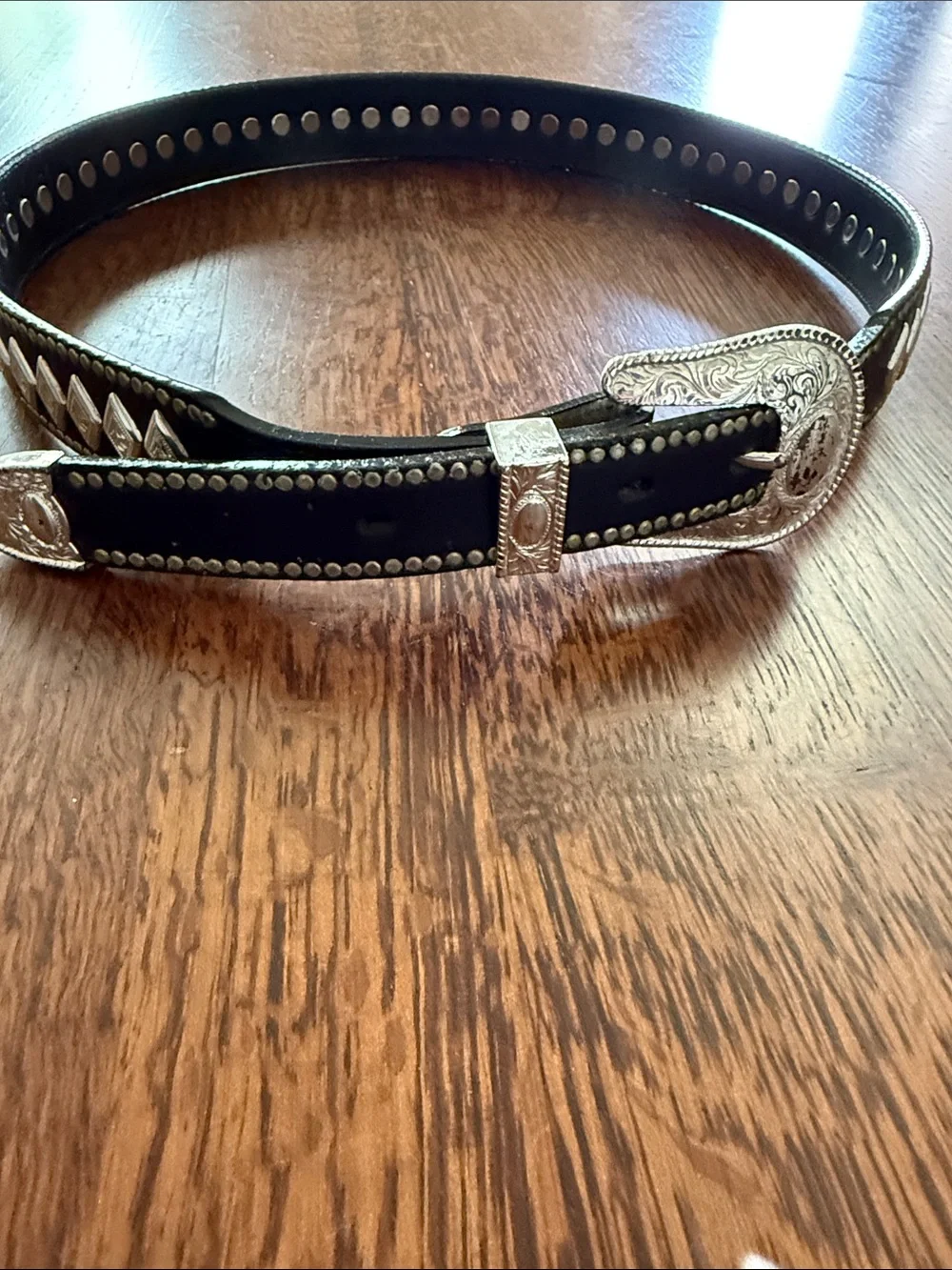 Riveted cowboy Crome Western Black Studded Belt with Silver buckle - 34” waist